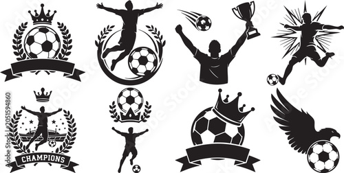 Black silhouettes of soccer players and balls