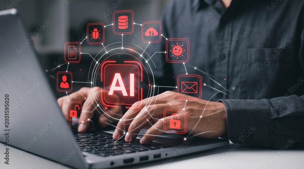 Naklejka premium Business professional utilizing a laptop with artificial intelligence icons and network connections for enhanced data security and automation in a modern workspace