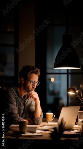 Young man working late on laptop in cozy home office