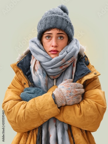 Vertical illustration of a freezing young woman in heavy winter clothing. Portrait of a shivering female wearing a yellow coat, thick scarf, and beanie