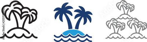 Hand drawn tropical island vector icon set featuring minimalist line art solid fill and outline variations for summer and travel design projects