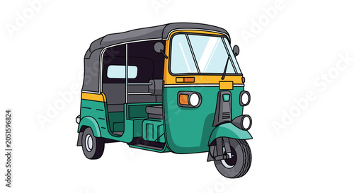 Traditional green and yellow auto rickshaw three wheeler vehicle, commonly used for public transportation in Asian countries.