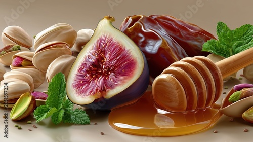 Close up of halved fresh fig with pistachios and dried dates. Wooden honey dipper with spilled golden honey and mint leaves on beige background. Healthy organic food concept