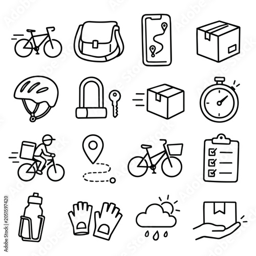 Bike Delivery Courier Line Icons. Hand drawn symbols representing urban shipping logistics including packages transport gear navigation and fast cycle distribution