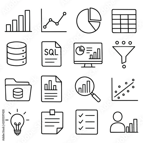 Data Science and Business Metrics. Professional collection of statistics symbols representing strategic planning plus organizational intelligence for digital growth.