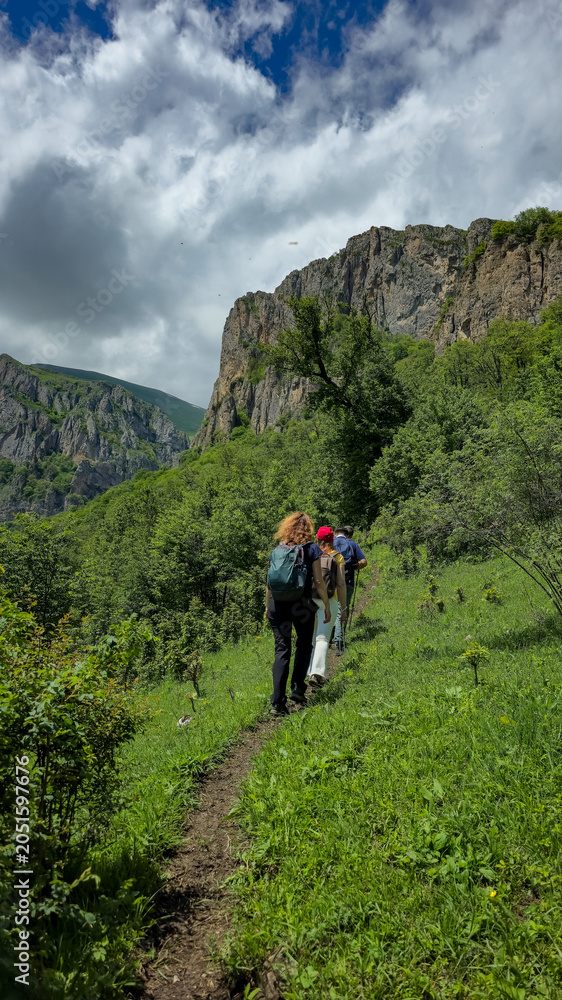 Obraz premium Back view of active tourists with backpacks hiking along a narrow dirt trail on a lush green mountain slope. Majestic rocky cliffs and high peaks rise in the background under a cloudy summer sky. Conc