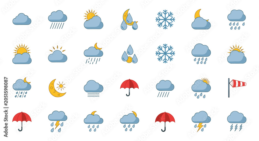 Obraz premium Extensive collection of flat weather icons representing sun, clouds, rain, snow, lightning, and wind conditions.