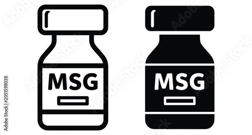 Monosodium glutamate MSG seasoning bottle icon set with outline and solid black styles for food additive and flavor enhancer design