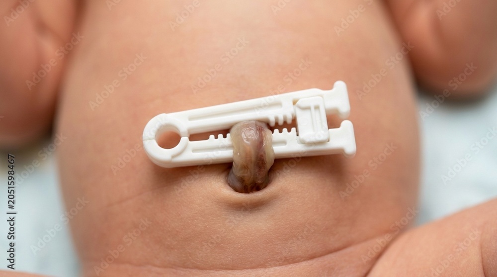 Fototapeta premium Umbilical Cord Clamp Plastic Closure Applied Newborn Birth Close-Up Medical
