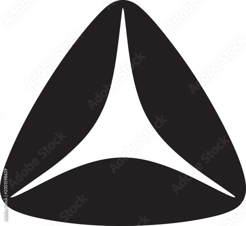 A black and white of a rounded triangular shape with a curved center on white background triangle