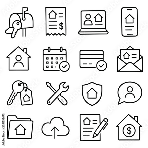 Property Management Housing Icons. Hand drawn graphics representing residential services, digital rental tools, financial security plus organized home maintenance tasks