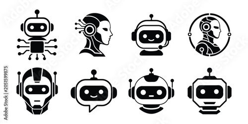 AI chatbot robot head icon set , artificial intelligence bot symbol, tech support headset robot, black silhouette vector illustration EPS 10