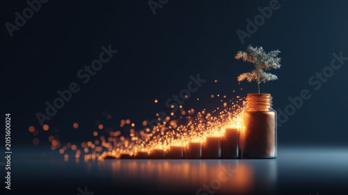 Growing Business Concept: A sapling sprouts from a bottle on a rising stair, symbolizing growth, investment, and financial progress with glowing particles indicating success.