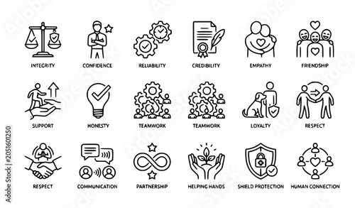 Bild auf Leinwand Trust and reliability line icon set vector illustration