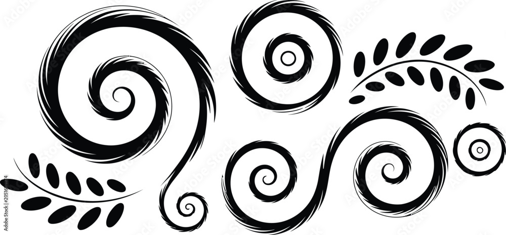 Naklejka premium Artistic black and white decorative spiral pattern set with hand drawn brush stroke elements
