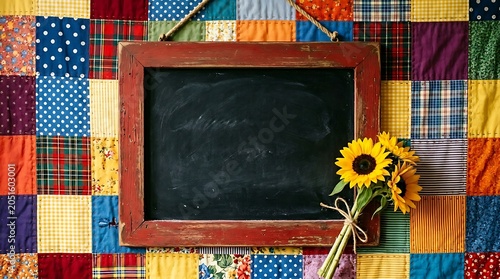 A rustic chalkboard framed with sunflowers and vibrant patchwork fabric for a summery, creative display.