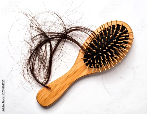 Close-up of a wooden hairbrush with a dark clump of hair resting on a white, clean background, indicating potential hair loss