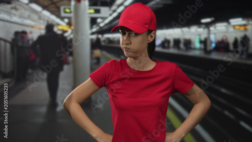 Photography Woman with red cap and red t shirt, hands on hips pouting on a crowded underground train station platform; impatience