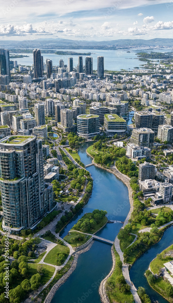 Naklejka premium Aerial view of modern urban waterfront with apartment skyscrapers and river canal flowing through city green space waterfront apartment skyscrapers architecture landscape building