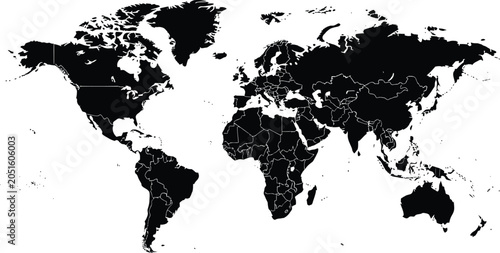 Black and white world map with country borders
