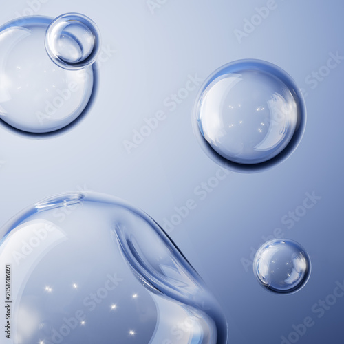 Flying water bubbles, beauty product display 3d rendering blue background. Hydration and moisturizing cosmetic creative packaging design template