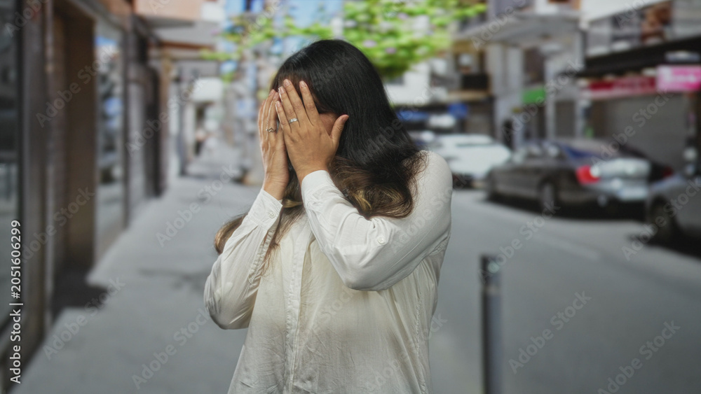 Fototapeta premium Young latina brunette woman covering her face with both hands while standing on a city street near parked cars and storefronts; anxiety.