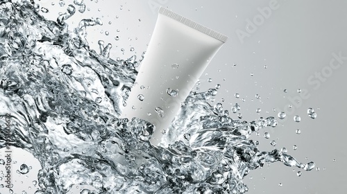 Clean white cosmetic tube emerging from a dynamic water splash