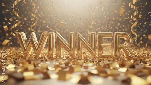 Golden 3d winner text with falling confetti and ribbons on a dark background
