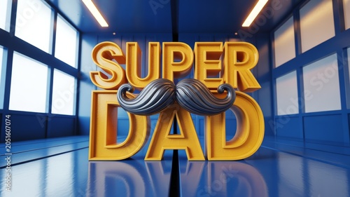 3d render of the text super dad with a mustache icon in a blue room