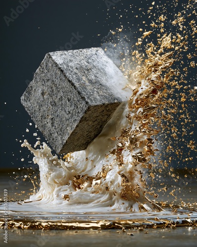 A rough stone cube splashes into white liquid with gold flakes