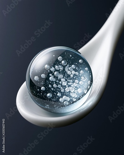 Close up of a clear, gel-like sphere containing tiny bubbles resting on a white spoon