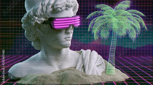 Retro futuristic statue wearing neon glasses with a palm tree in a digital grid