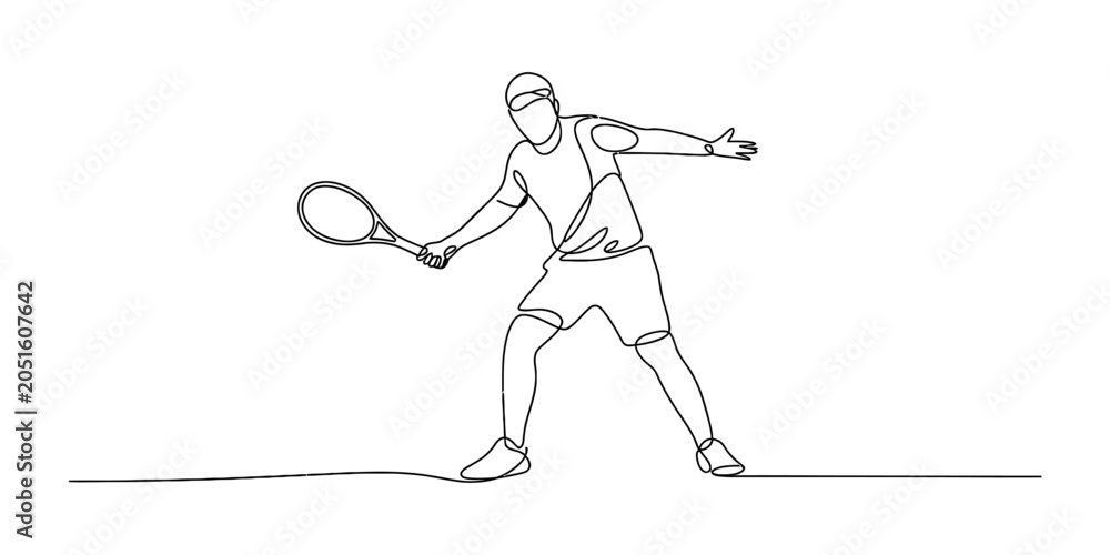 Fototapeta premium Continuous single line drawing of a male tennis player hitting a ball with a racket during a competitive match in a minimalist artistic style for sports