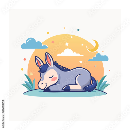 Cute cartoon donkey sleeping peacefully under the night sky