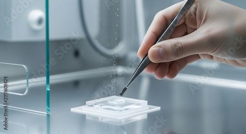 Scientist working in laboratory setting carefully.