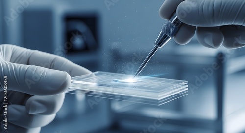 Scientist handling microscope slide in lab.