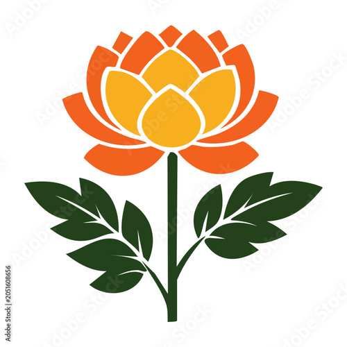 Stylized orange and yellow flower with green leaves