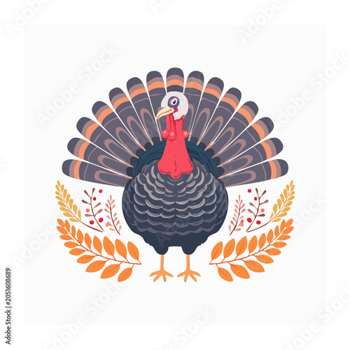 Stylized Turkey with Fan Tail and Autumn Leaves