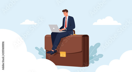 Businessman Working Remotely on Laptop While Sitting on Giant Briefcase in the Sky