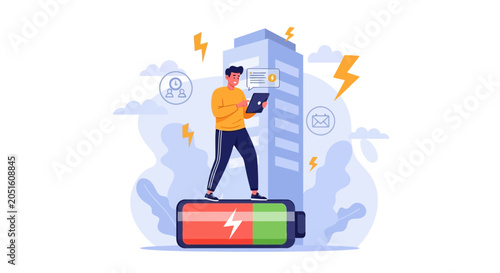 Businessperson on Battery, Charging Energy, Working Efficiently in Modern City