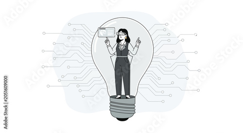 Businesswoman in VR headset inside a lightbulb, symbolizing innovation and technology, with digital circuits in the background.