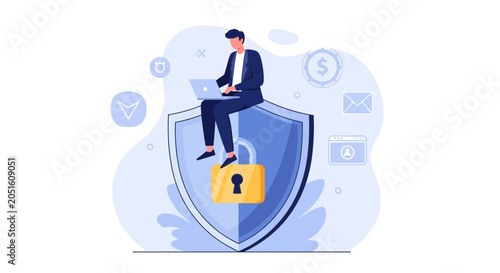 Business man working on laptop on secure shield with padlock, symbolizing cybersecurity and data protection concept