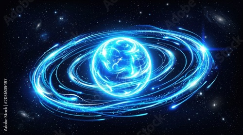 Blue glowing planet with circular energy rings and cosmic water-like motion, planet, rings, blue, glow, space, energy, cosmic,