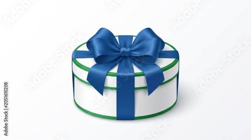Round white gift box with green rim and large blue ribbon bow, gift box, ribbon, bow, present, round, white, green, blue,