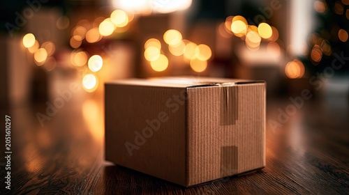 Cardboard package on wooden floor, festive lights blurred in background