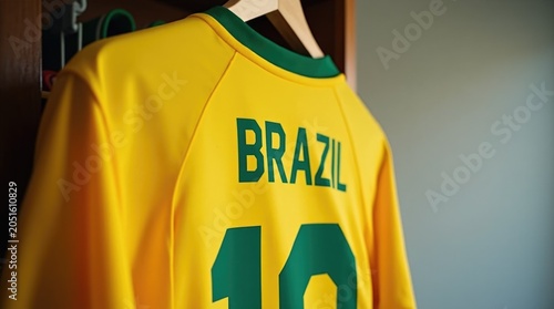 Yellow brazilian jersey number ten on hanger, iconic player shirt, football legend symbol