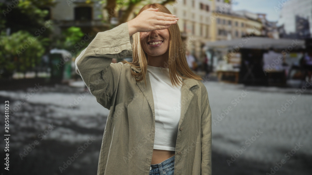 Fototapeta premium Woman covers eyes with hand while smiling, wearing cropped white top, linen jacket and jeans on a cobblestone street market in front of buildings; playful.
