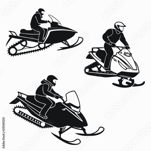 Slika na platnu Three people riding snowmobiles on a snowy trail with snowmobile adventure snowm