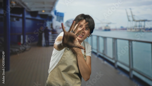 Bild auf Leinwand Woman in apron shields face with outstretched hand on ship deck railing, wincing and gripping apron strap, cranes visible in port; fear self protection