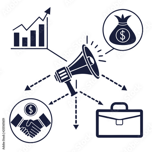 Fotografie Business growth concept with megaphone money bag handshake briefcase business me